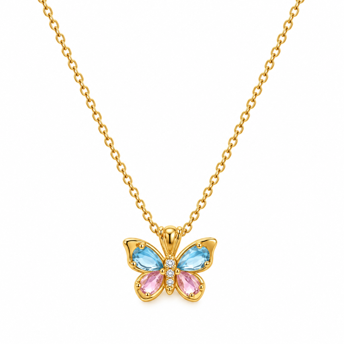 Collier papillon en acier avec zircons bleus et roses- NE487