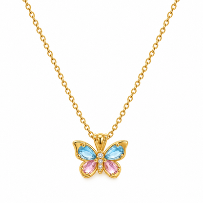 Collier papillon en acier avec zircons bleus et roses- NE487