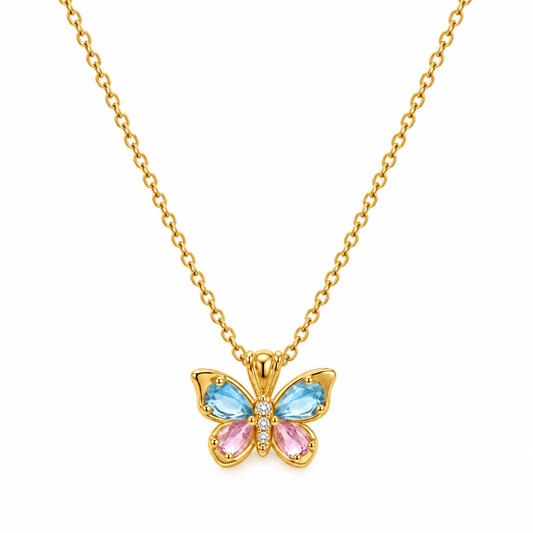 Butterfly steel necklace with blue and pink zircons- NE487