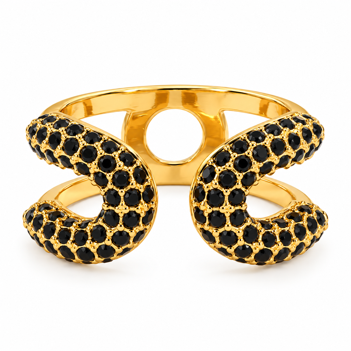 Bague acier doré avec zircons noirs - R382