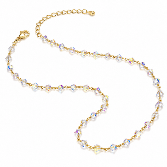 Steel necklace with white iridescent beads - NE173