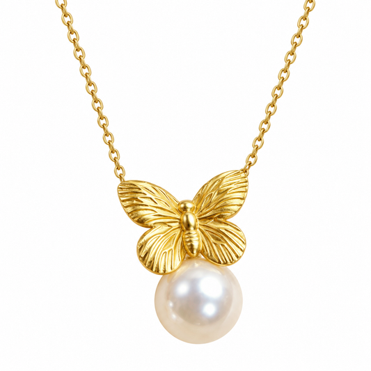 Steel necklace with pearl and butterfly-NE333