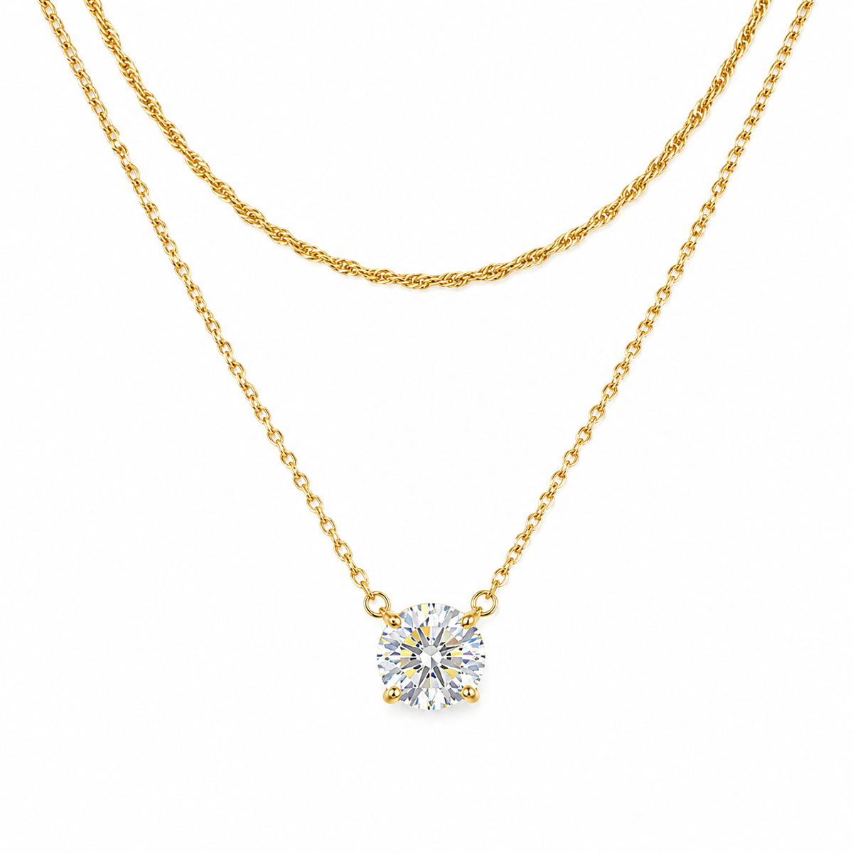 Halskette aus Stahlgold mit Doppelkette und rundem Zirkon – NE001