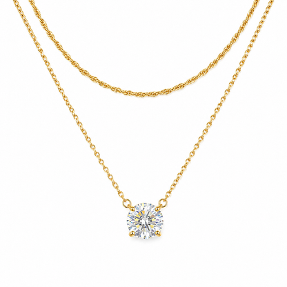 Halskette aus Stahlgold mit Doppelkette und rundem Zirkon – NE001