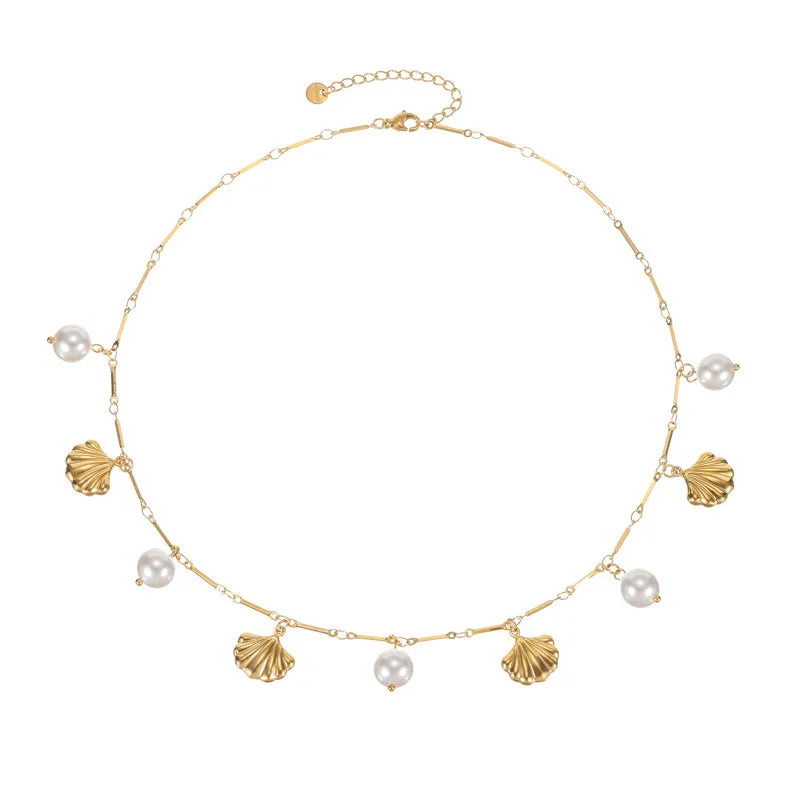 Κολιέ ατσάλινο με κοχύλια και πέρλες - ne603