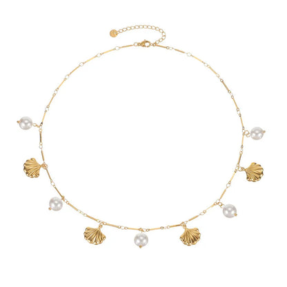 Κολιέ ατσάλινο με κοχύλια και πέρλες - ne603