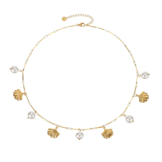 Κολιέ ατσάλινο με κοχύλια και πέρλες - ne603