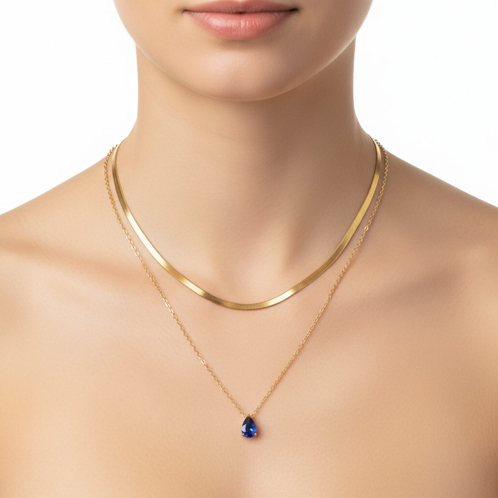 Κολιέ επιχρυσωμένο ατσάλι διπλό με μπλε zircon-NE302