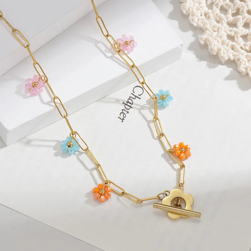 Κολιέ ατσάλινο με ακρυλικά λουλούδια - ne607