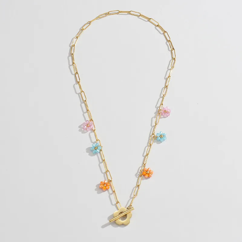 Κολιέ ατσάλινο με ακρυλικά λουλούδια - ne607