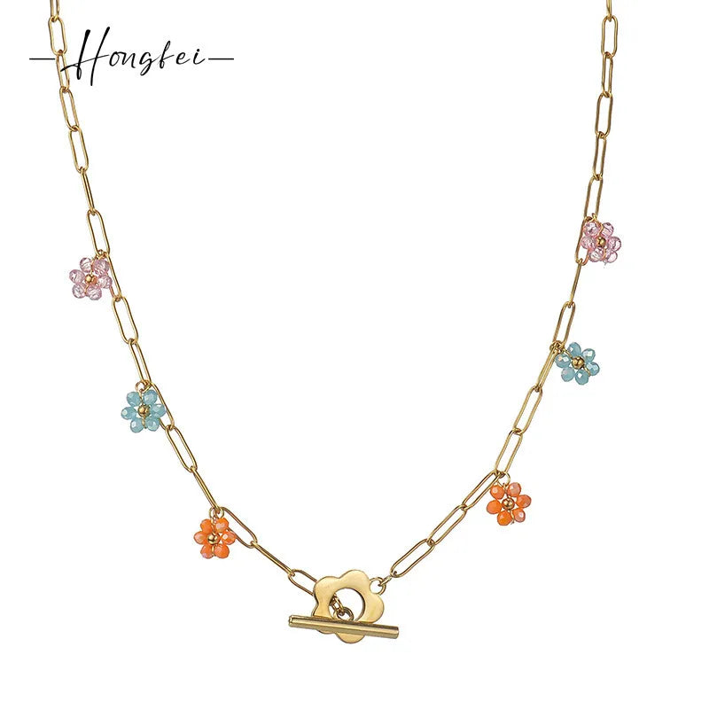 Κολιέ ατσάλινο με ακρυλικά λουλούδια - ne607