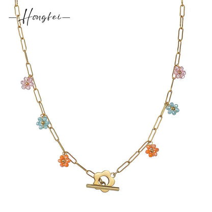 Κολιέ ατσάλινο με ακρυλικά λουλούδια - ne607