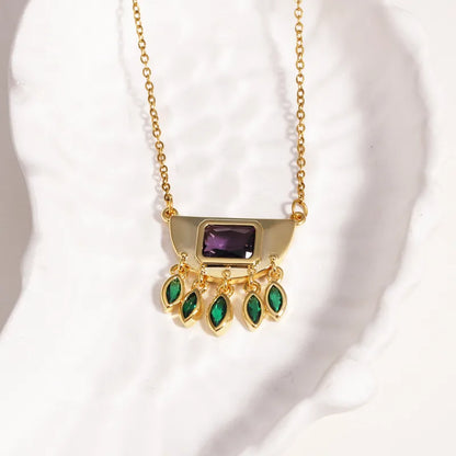 Κολιέ χρυσό ατσάλι με μωβ και πράσινες πέτρες-NE107