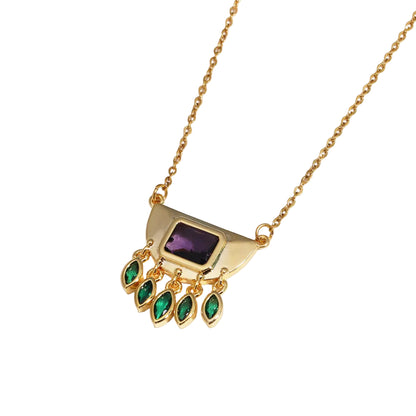 Κολιέ χρυσό ατσάλι με μωβ και πράσινες πέτρες-NE107