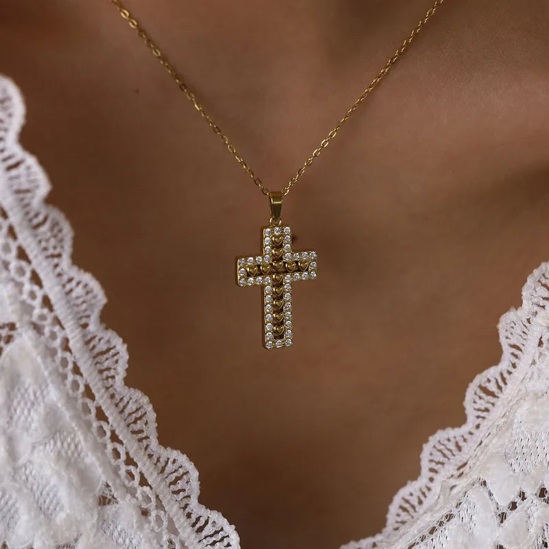 Κολιέ επιχρυσωμένο ατσάλι με σταυρό και zircon-NE446