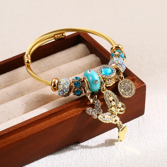 Brățară din oțel auriu cu fluture și talismane-BR488