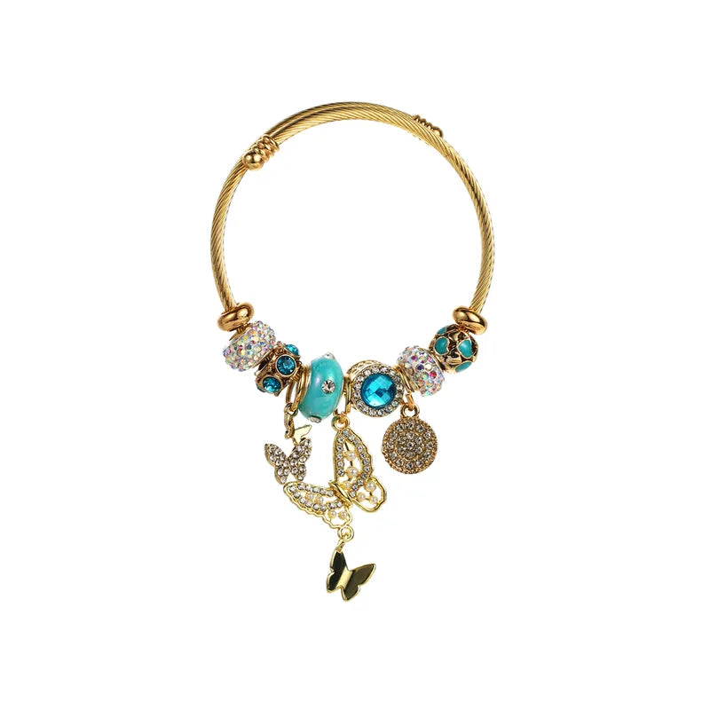 Brățară din oțel auriu cu fluture și talismane-BR488