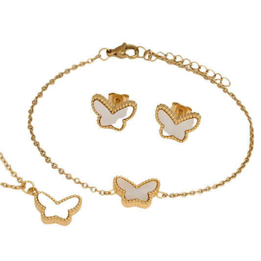 Set of jewelry gold steel with white butterflies-set042