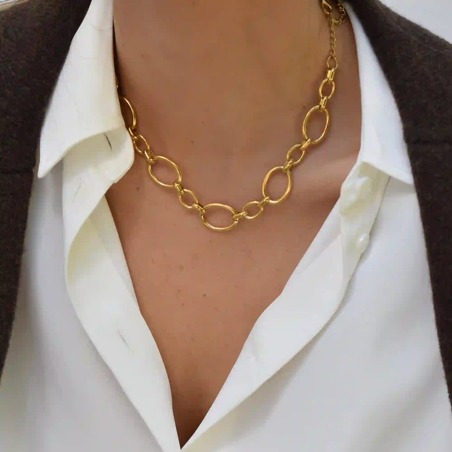 Κολιέ χρυσό ατσάλι με κρίκους-NE128