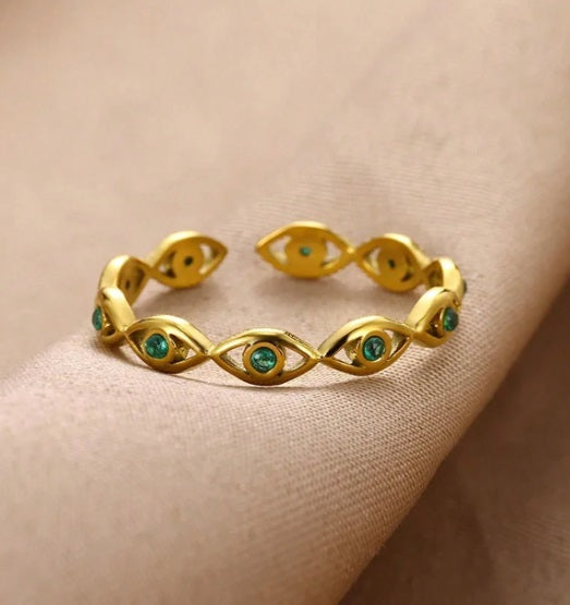 Δαχτυλίδι επιχρυσωμένο ατσάλι μάτια με πράσινα zircon-R211