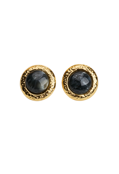 Earrings gold-plated black round with gold frame-EA056