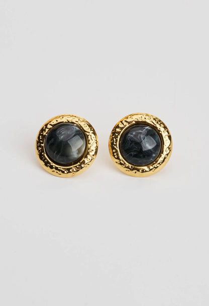 Earrings gold-plated black round with gold frame-EA056