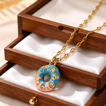 Collar Donut de acero rosa y azul - NE408