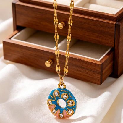 Collar Donut de acero rosa y azul - NE408