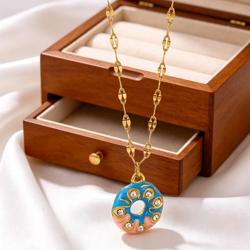 Collar Donut de acero rosa y azul - NE408