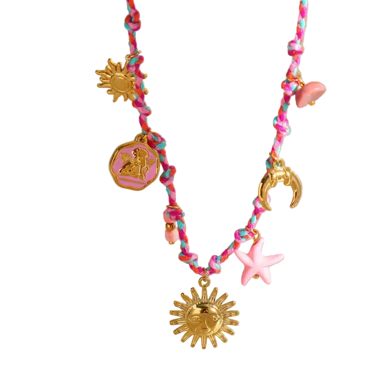 Κολιέ επιχρυσωμένο ατσάλι ροζ με charms-NE640