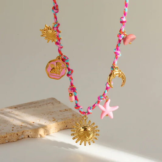 Κολιέ επιχρυσωμένο ατσάλι ροζ με charms-NE640