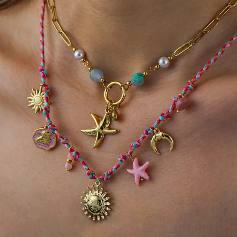 Κολιέ επιχρυσωμένο ατσάλι ροζ με charms-NE640