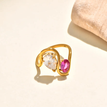 Δαχτυλίδι επιχρυσωμένο ατσάλι με λευκό και ροζ zircon-R283