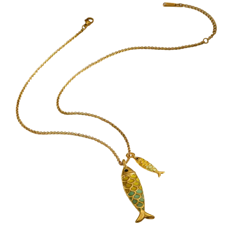 Colier din oțel placat cu aur, pește verde - NE041