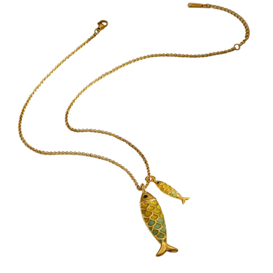 Colier din oțel placat cu aur, pește verde - NE041