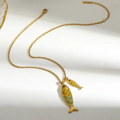 Colier din oțel placat cu aur, pește verde - NE041