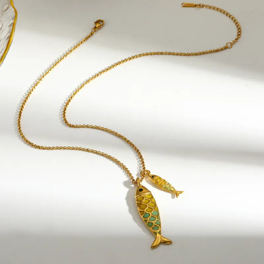 Colier din oțel placat cu aur, pește verde - NE041