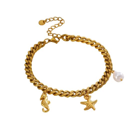 Βραχιόλι ποδιού επιχρυσωμένο ατσάλι με ιππόκαμπο και πέρλα - AN033