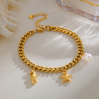 Βραχιόλι ποδιού επιχρυσωμένο ατσάλι με ιππόκαμπο και πέρλα - AN033