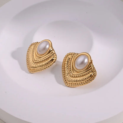 Earrings Golded Triangle Steel with White Stone-EA028