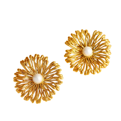 Earrings gilded steel flowers with small pearl-ea592