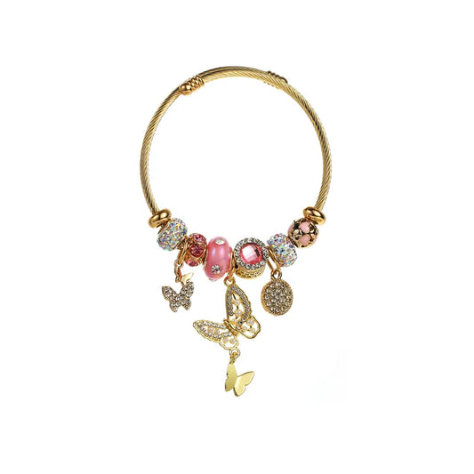 Bratara din otel auriu si aliaj cu fluturi si elemente roz-BR132
