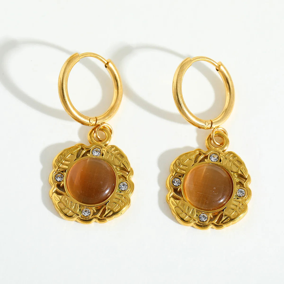 Σκουλαρίκια επιχρυσωμένο ατσάλι με καφέ πέτρα και zircon-EA009