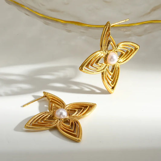 Σκουλαρίκια επιχρυσωμένο ατσάλι άστρο με πέρλα - EA071