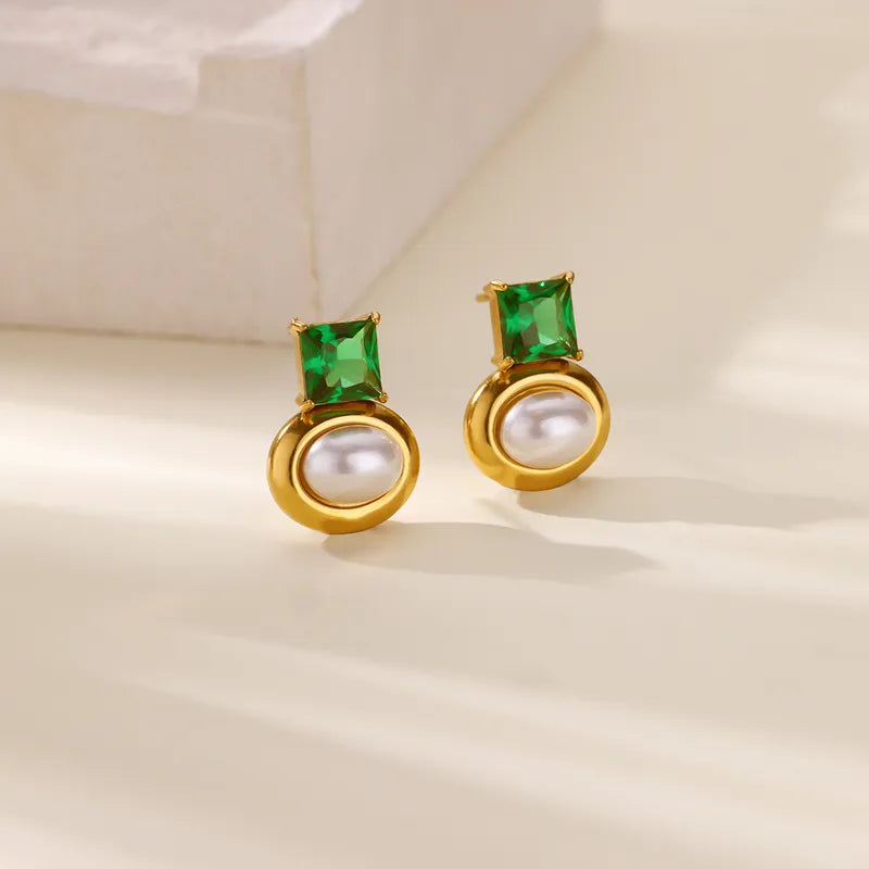 Earrings gold steel with oval pearl and green zircon-ea281