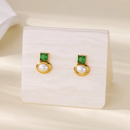 Earrings gold steel with oval pearl and green zircon-ea281