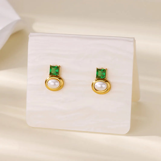 Earrings gold steel with oval pearl and green zircon-ea281