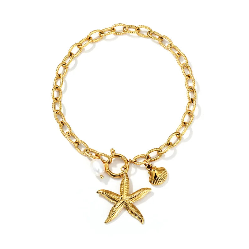 Βραχιόλι ατσάλι αλυσίδα με αστερία και πέρλα-