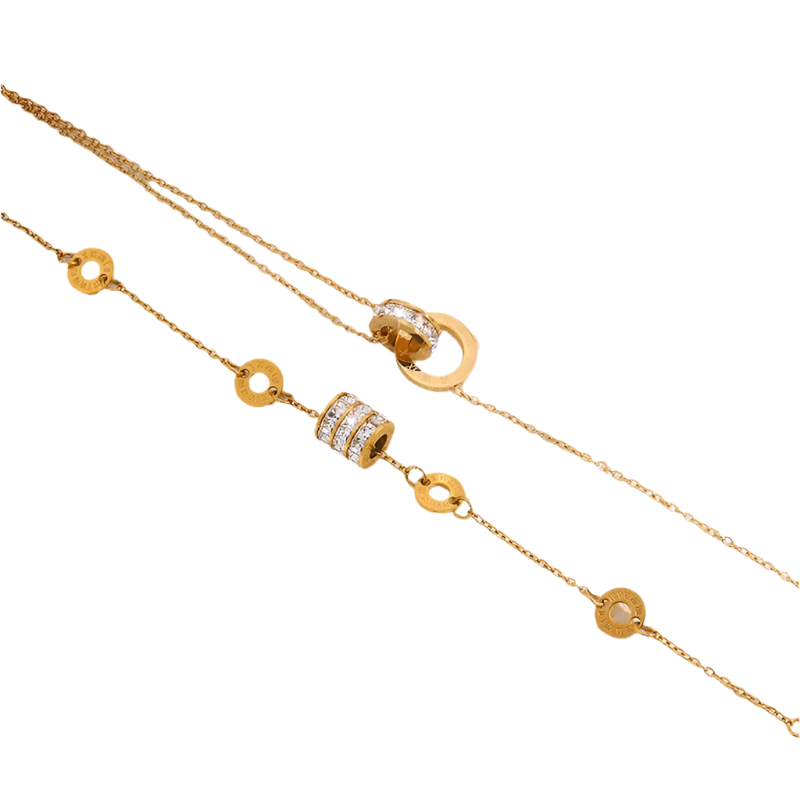 Pulseiras aço dourado com pedras e números latinos duas peças-BR116