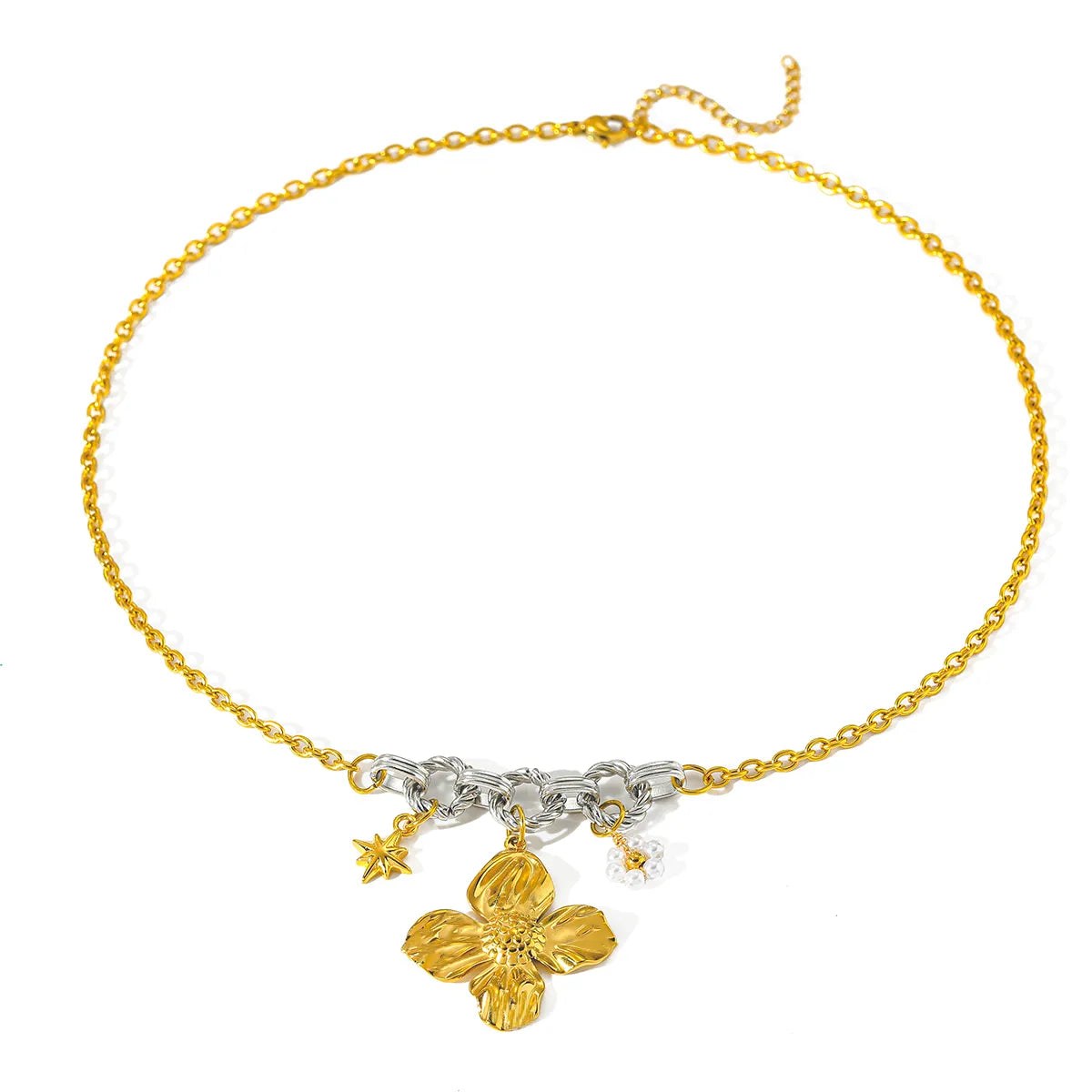 Colier din otel placat cu aur cu floare-NE053